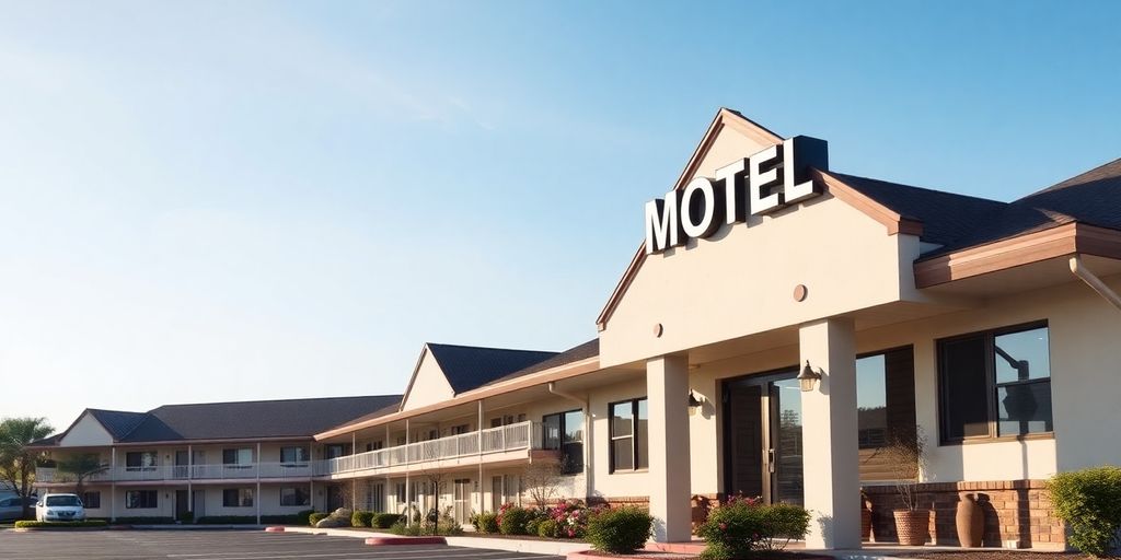 A welcoming motel exterior bathed in sunlight.