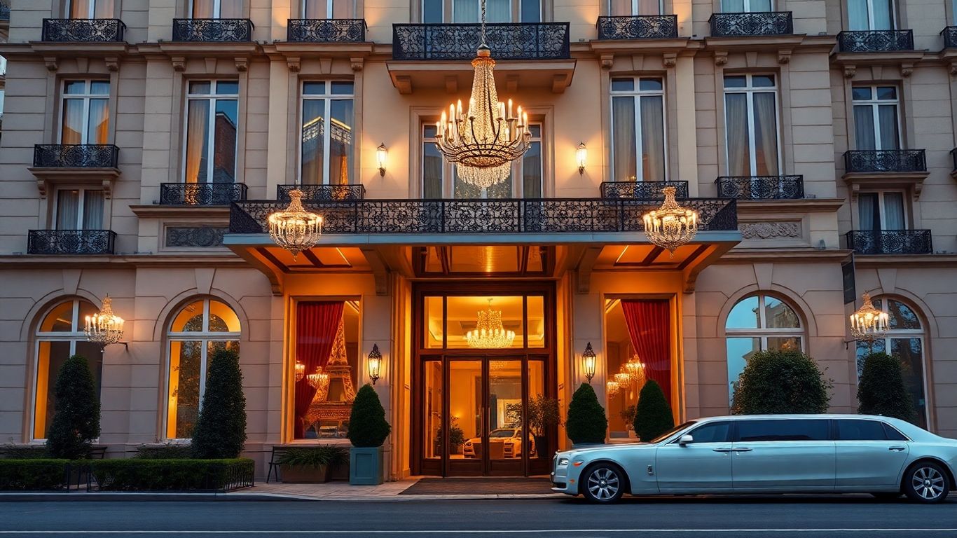 Luxurious Parisian 5-star hotel exterior with Eiffel Tower view.