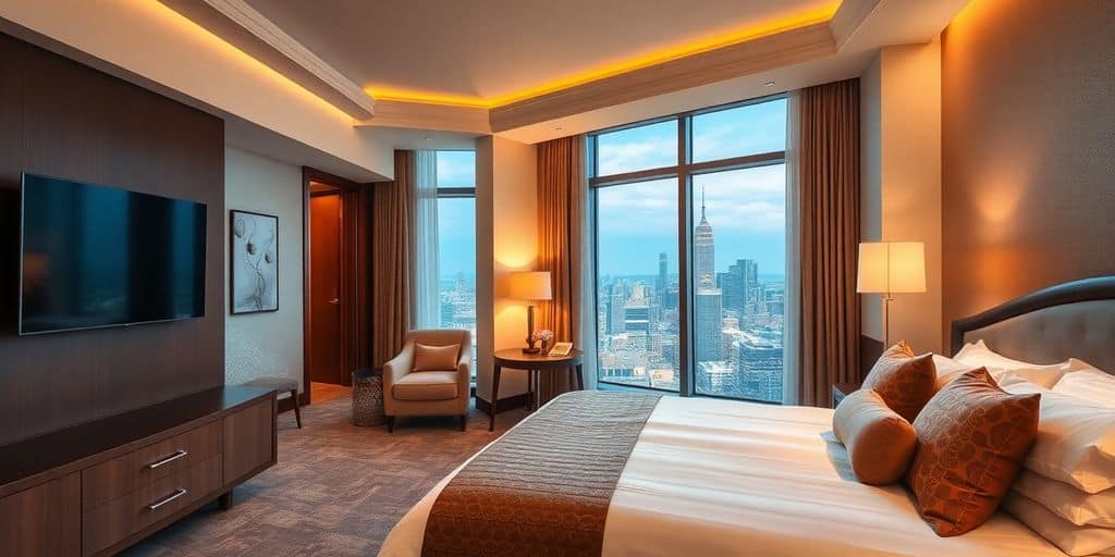 Luxurious hotel room with elegant decor and city view.
