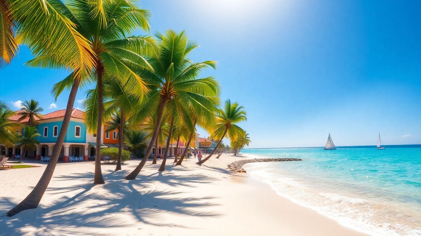 Dominican Republic beach with palm trees and colonial buildings.