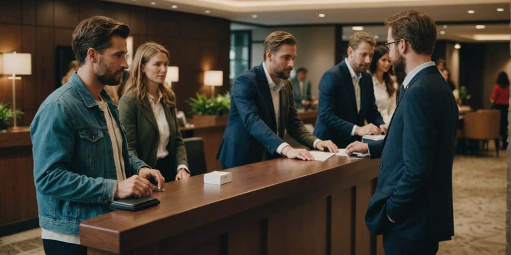 Guests at hotel reception for group booking check-in.
