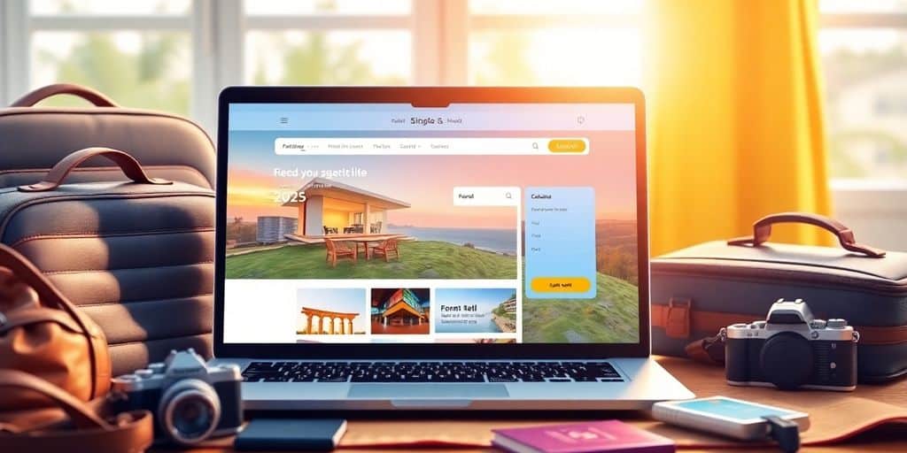 Laptop with hotel booking site and travel essentials.