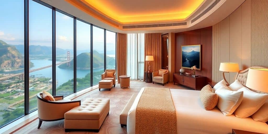 Luxurious hotel room with stunning view and elegant decor.