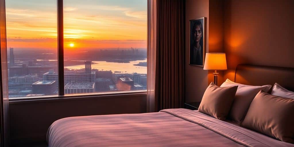 Luxurious hotel room with sunset view and elegant decor.