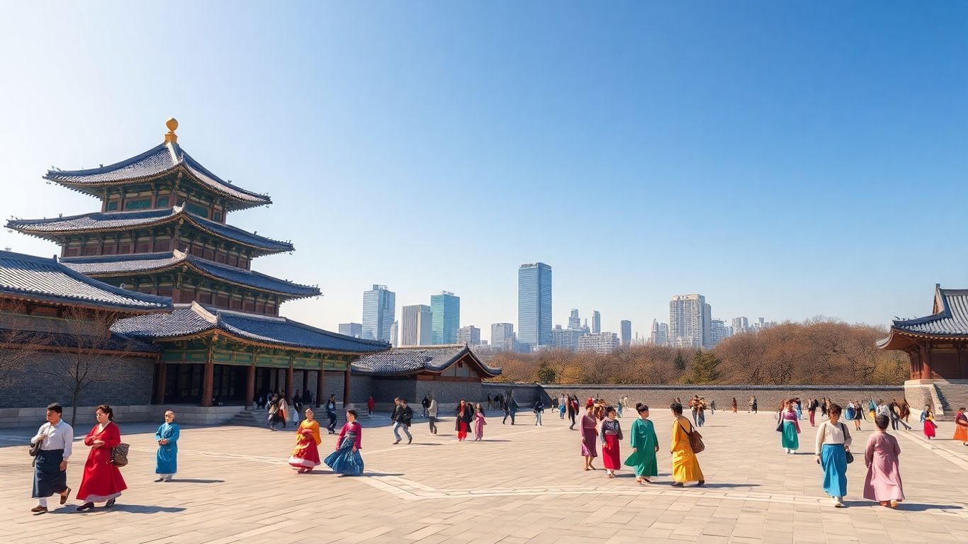 Gyeongbokgung Palace with people in traditional Korean dress.