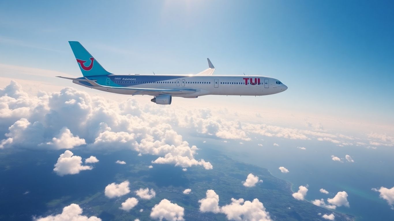 TUI airplane flying through a blue sky.