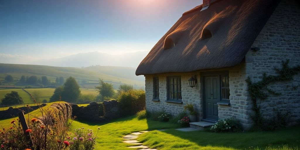 Cosy British cottage, misty morning, scenic countryside.