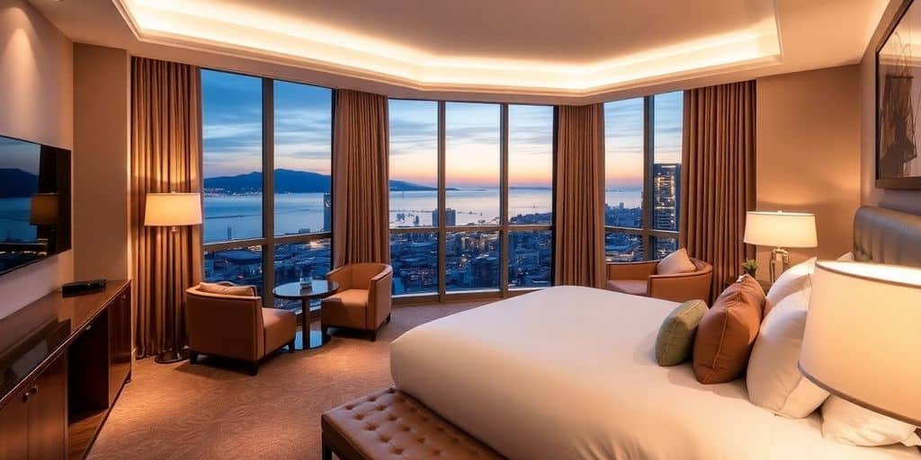 Luxurious hotel room with scenic view and elegant decor.