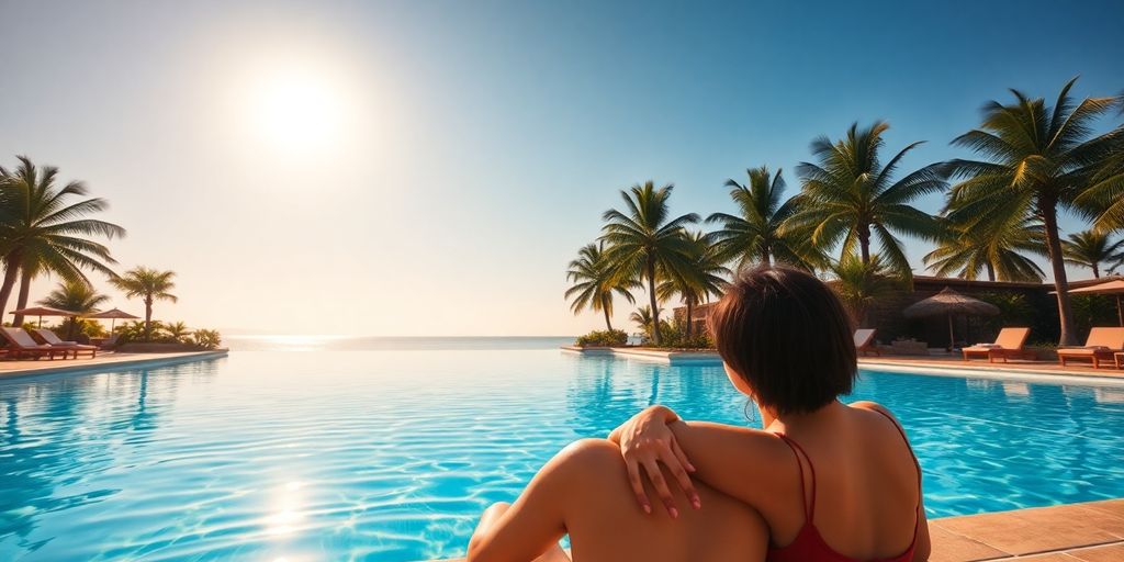 Couple relaxing by a serene pool on a sunny day.