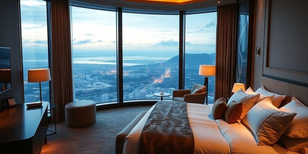Luxurious hotel room with elegant furnishings and stunning view.