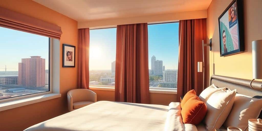 Cozy budget hotel room in Jacksonville with city view.