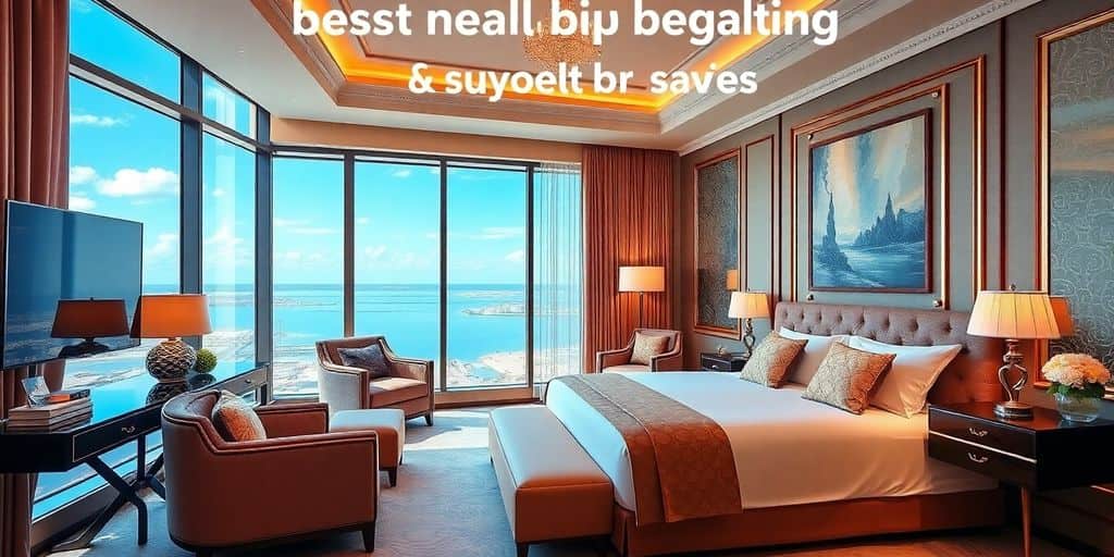 Luxurious hotel room with stunning view and elegant decor.