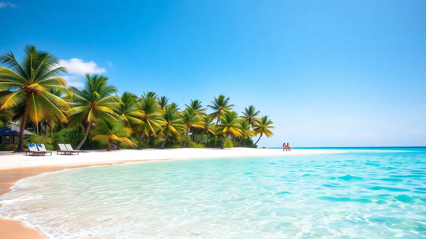 Sunny beach with palm trees and clear blue water.