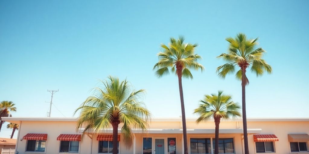 Motel exterior with palm trees, blue sky
