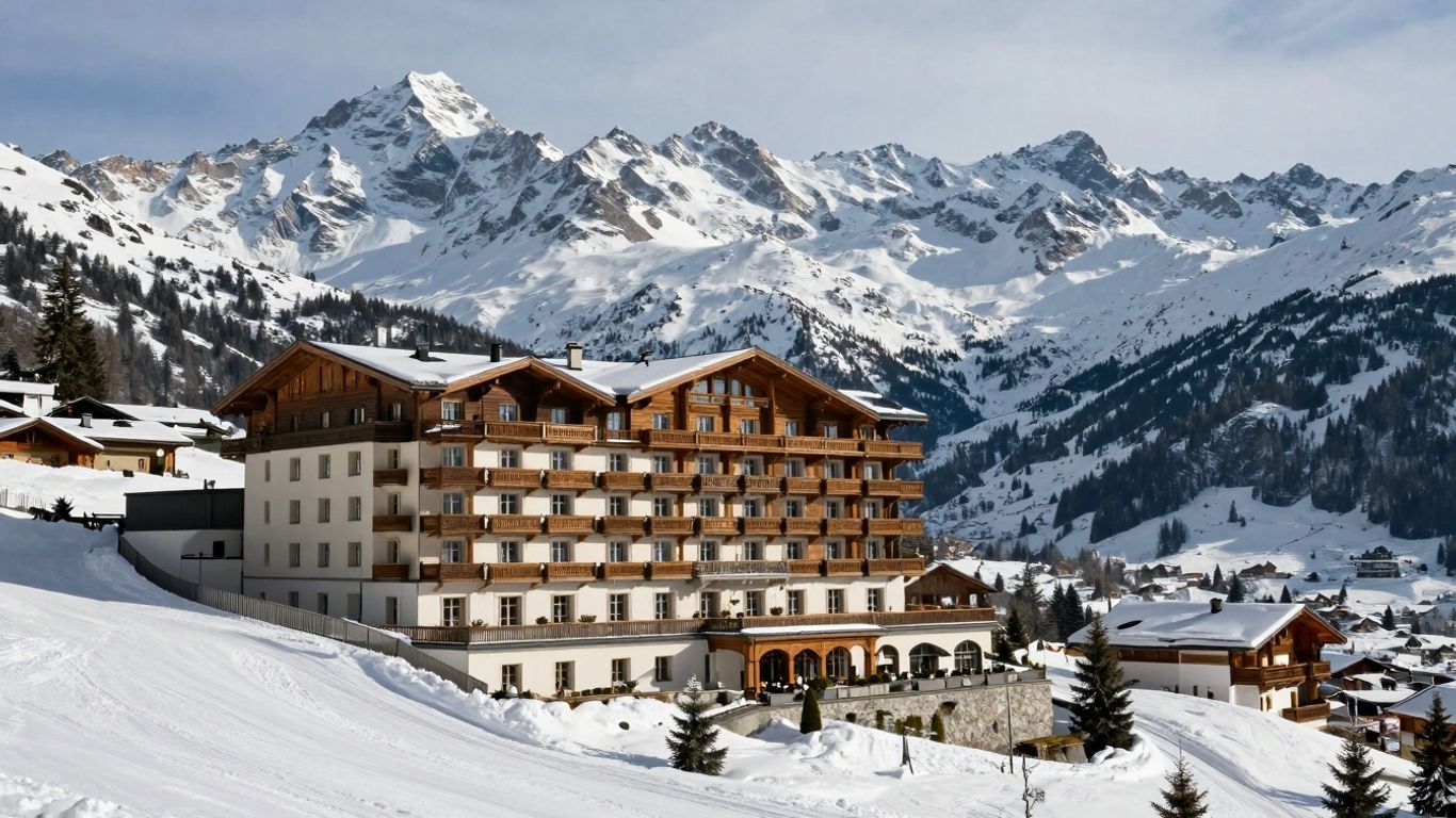 Luxury 5-star hotel in Verbier with snowy mountains.