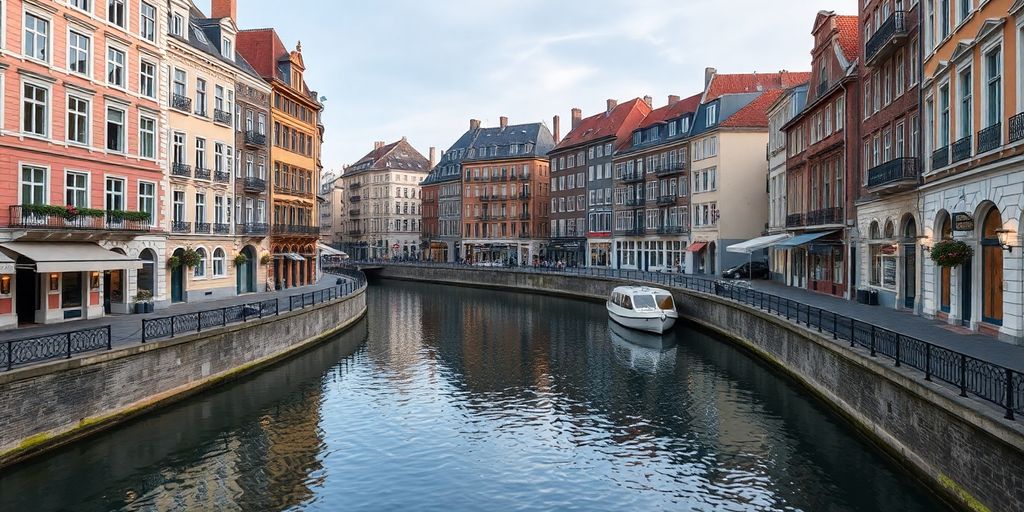 Grand canal view of a photorealistic Amsterdam 4-star hotel.