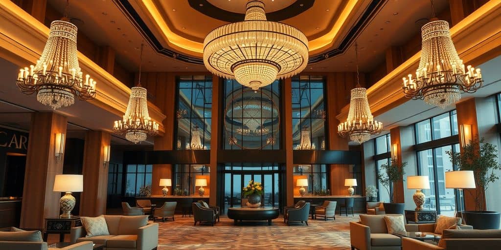 Luxurious hotel lobby with elegant chandeliers.