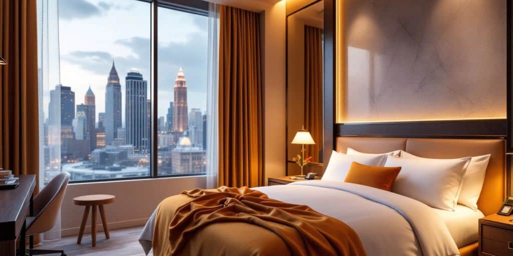 Cozy hotel room with city view and elegant decor.