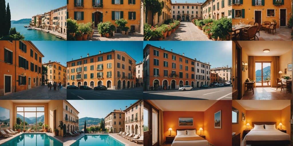 Collage of affordable hotels in Italy with picturesque exteriors, cozy interiors, and happy travelers enjoying their stay.