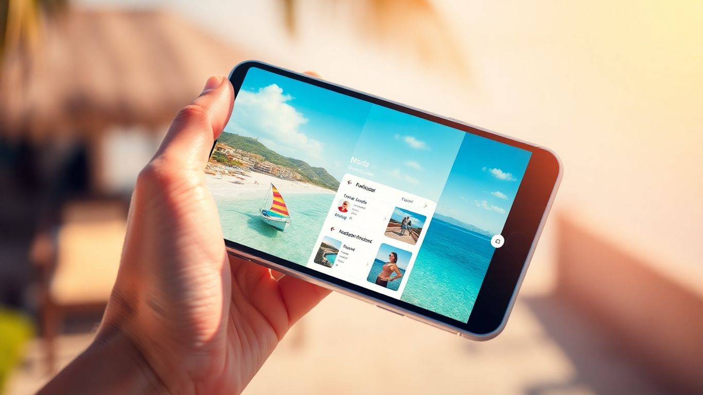 Hand holding smartphone with holiday booking app open