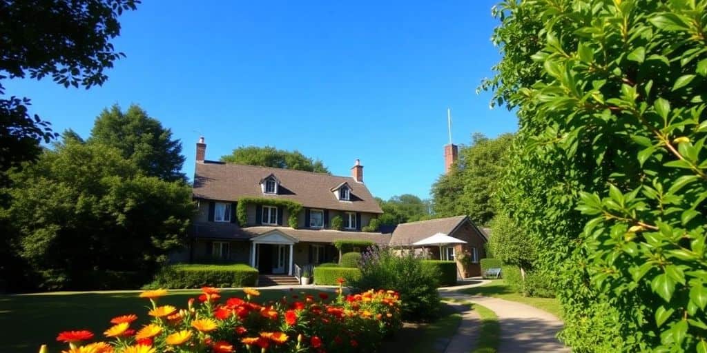 Charming hotel entrance amidst greenery and flowers.