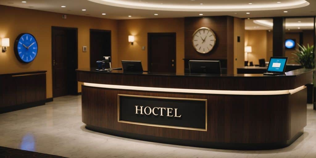 Reception desk at night with clock showing late hours