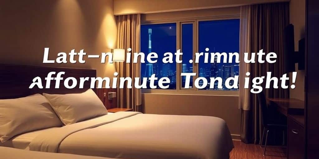 Cozy hotel room with a city skyline view at night.