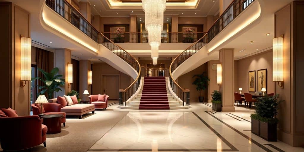 Luxurious hotel lobby with chandeliers and plush seating.