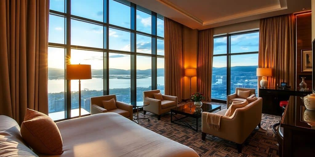 Luxurious hotel room with elegant furnishings and stunning views.