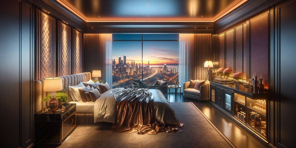 luxurious hotel room overlooking city skyline in Canada