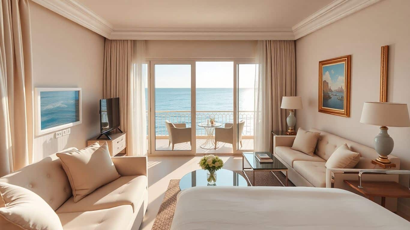 Luxury hotel balcony overlooking the sea in Torrevieja.