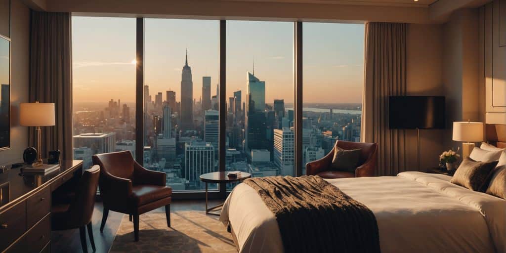 Elegant hotel room overlooking city skyline during sunset