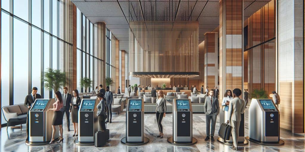 modern hotel lobby with digital check-in kiosks and diverse guests