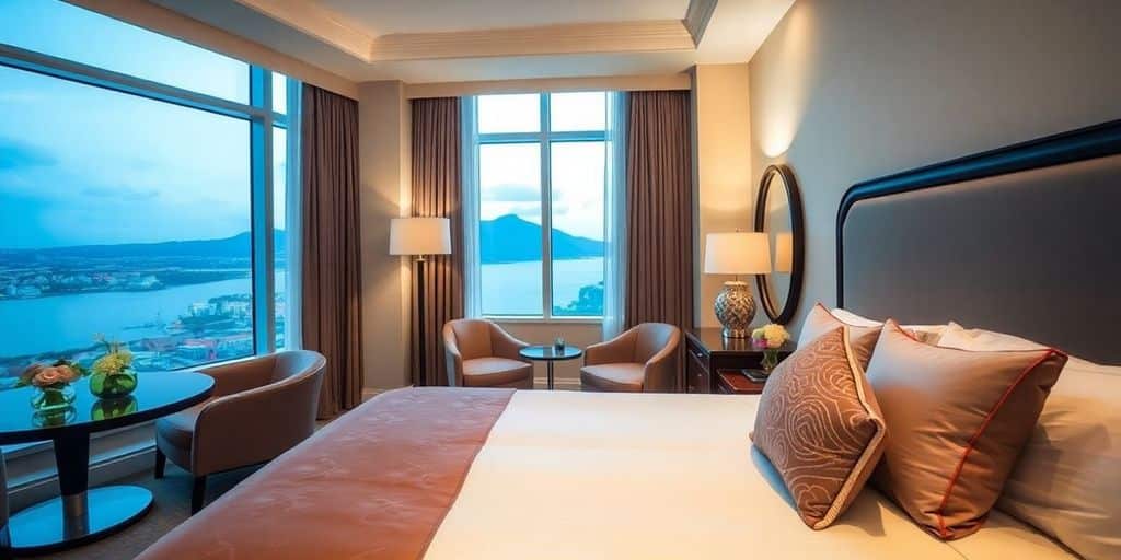 Luxurious hotel room with elegant decor and plush bedding.