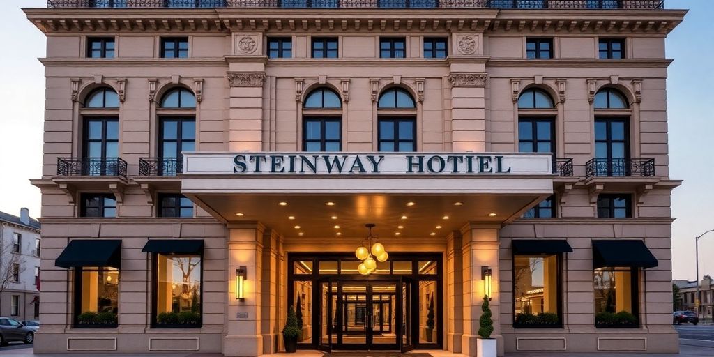 Grand hotel facade with ornate details.