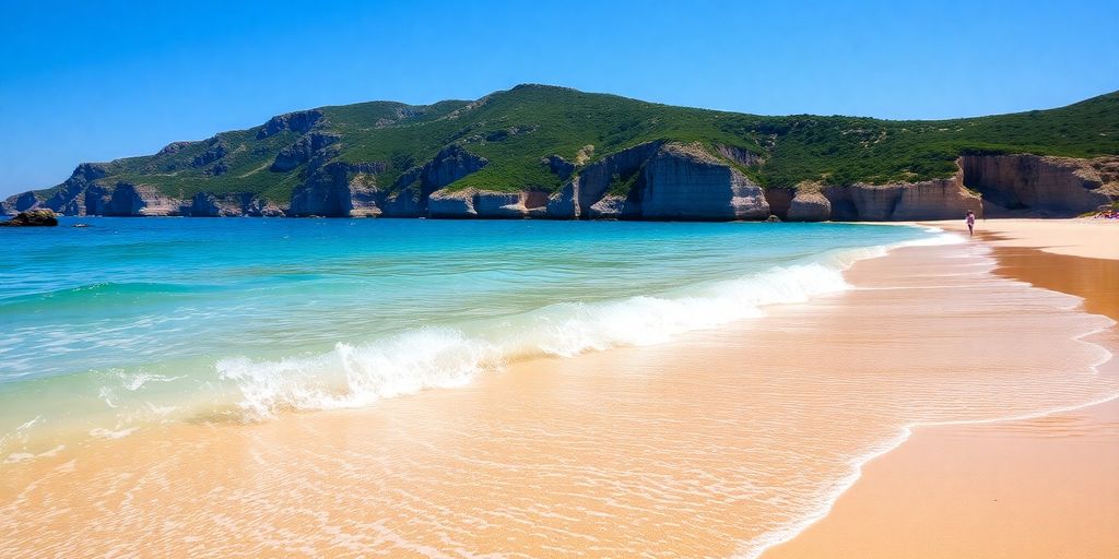 Crystal clear turquoise water lapping onto a white sandy Greek beach.