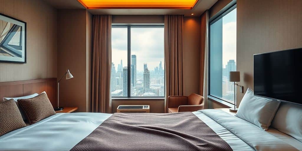 Cozy hotel room with scenic city view and stylish decor.