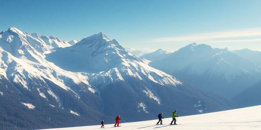 Snow-covered mountains with skiers descending slopes.