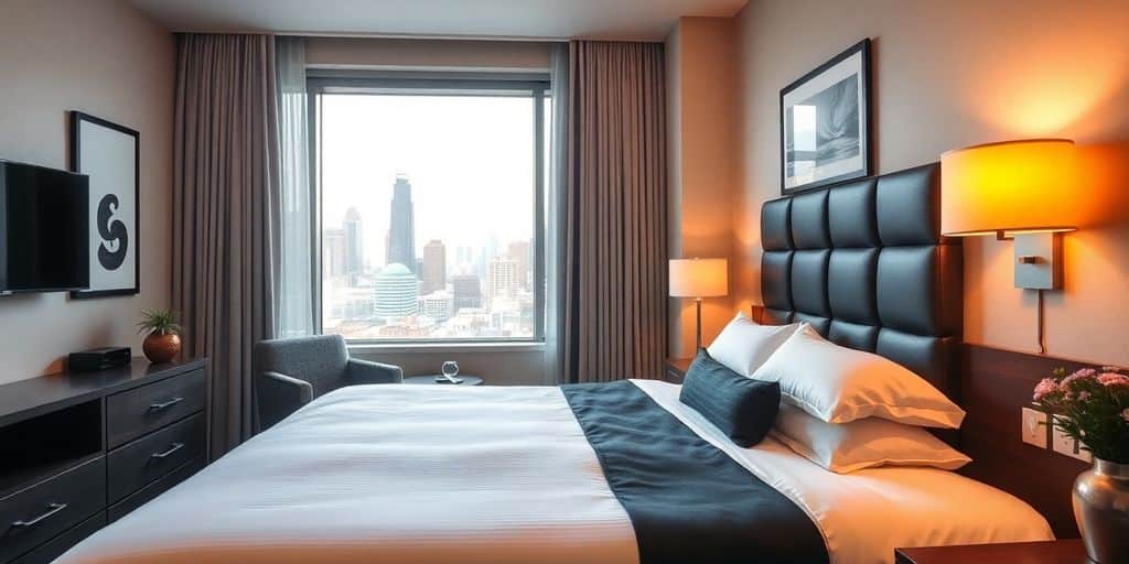 Cozy hotel room with city skyline view in Indianapolis.