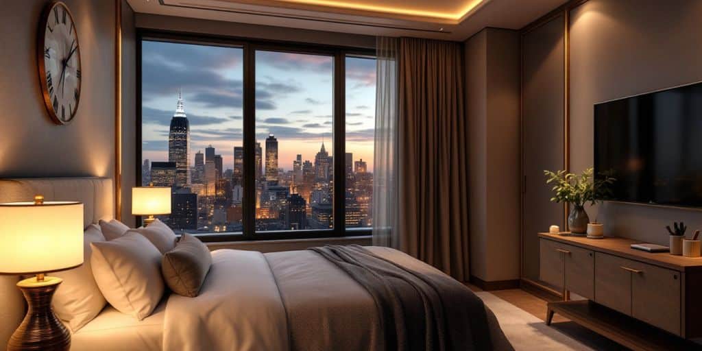 Cozy hotel room with city skyline view at dusk.