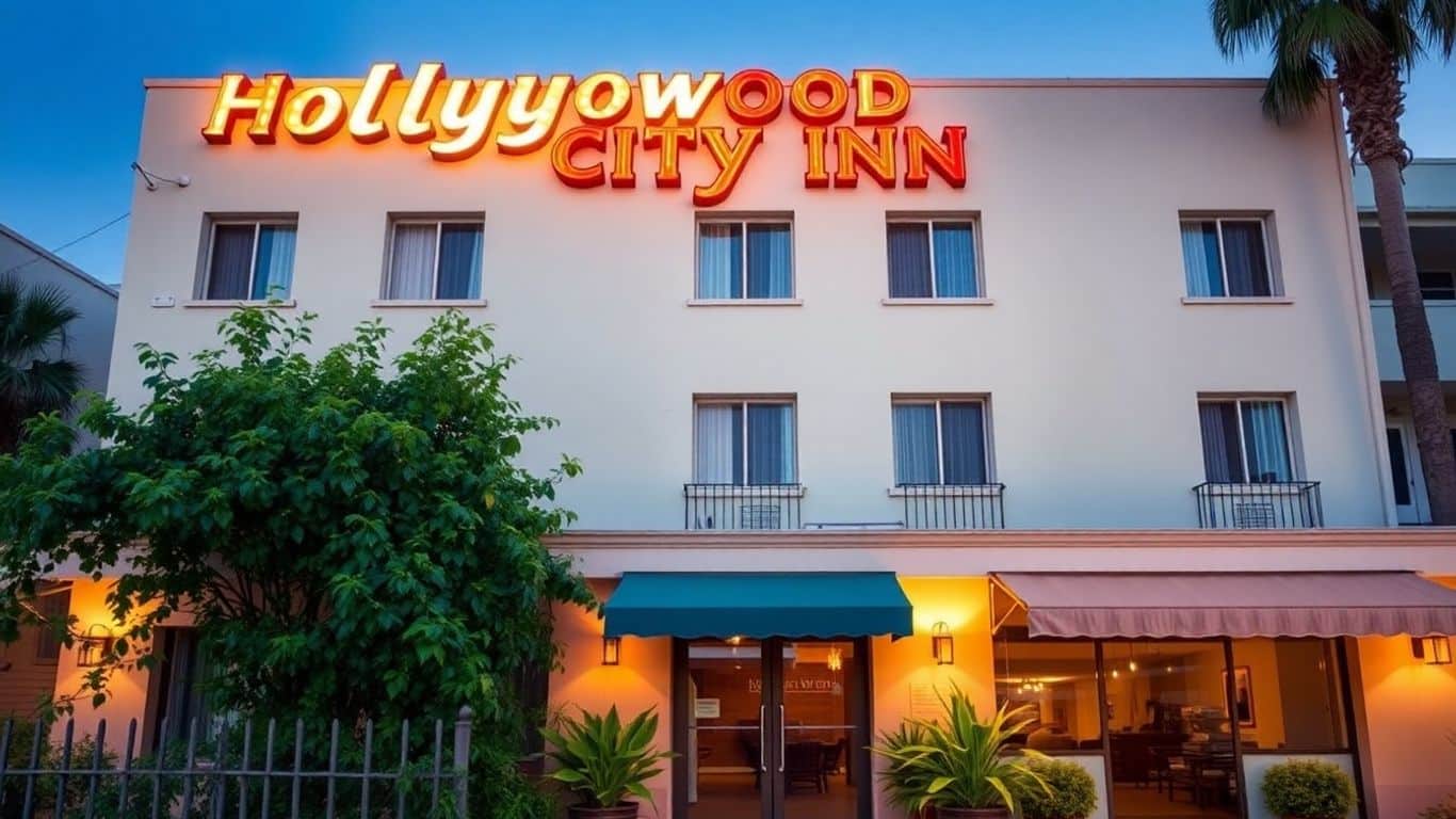 Hollywood City Inn exterior with plants and warm lighting.