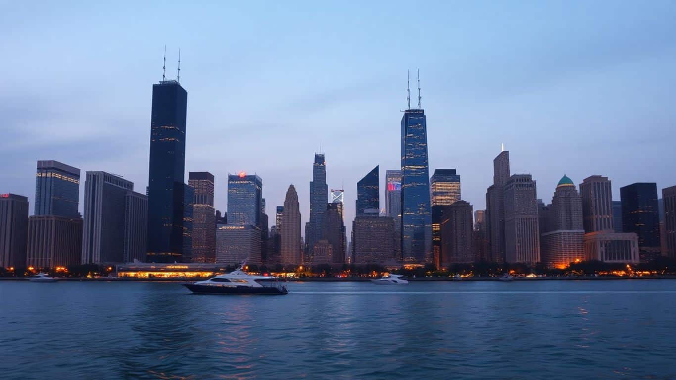 Chicago skyline at dusk with lake reflections.