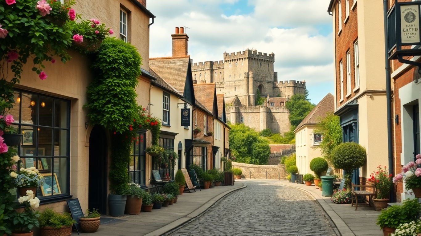 Historic UK town street with shops and castle.