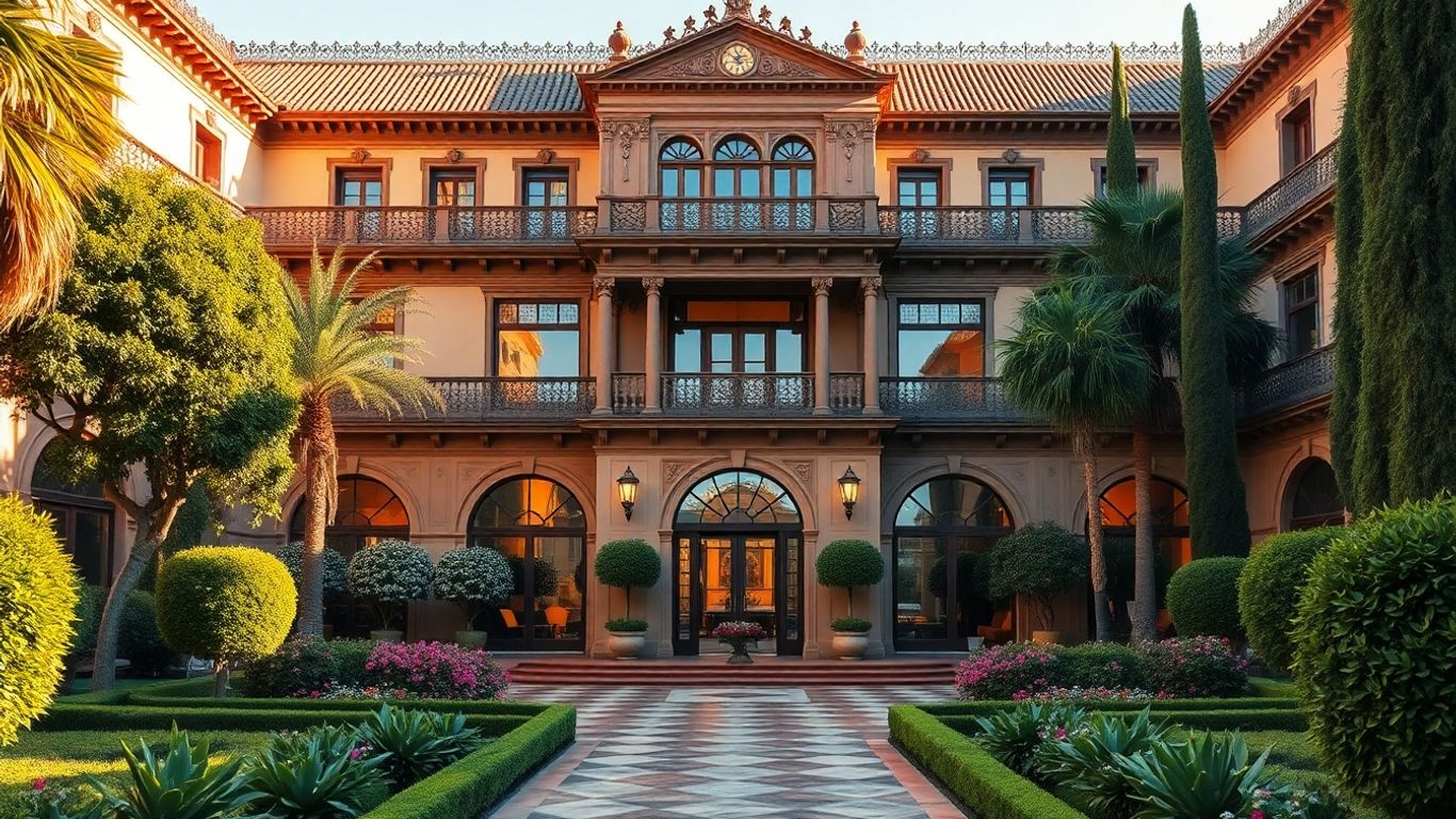 Luxury 5-star hotel facade, Granada, Spain, with gardens.