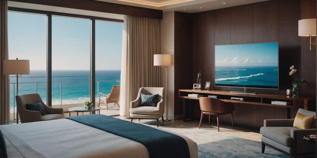 Elegant hotel room overlooking the ocean at sunset.