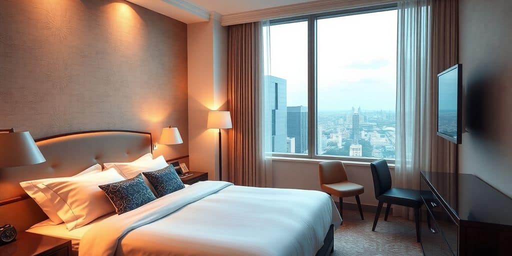 Cozy hotel room with elegant decor and soft lighting.