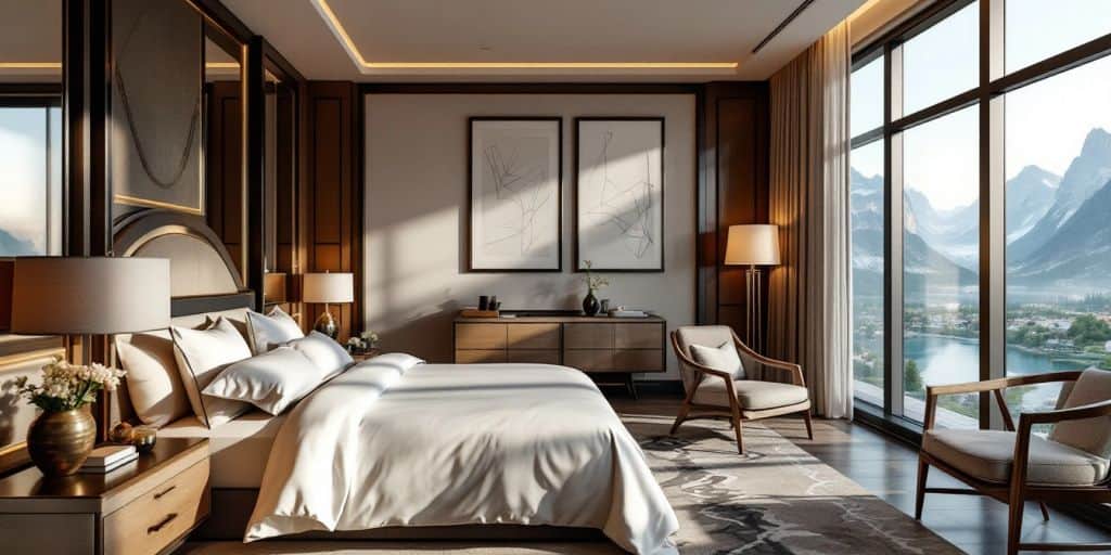 Luxurious hotel room with elegant decor and stunning view.