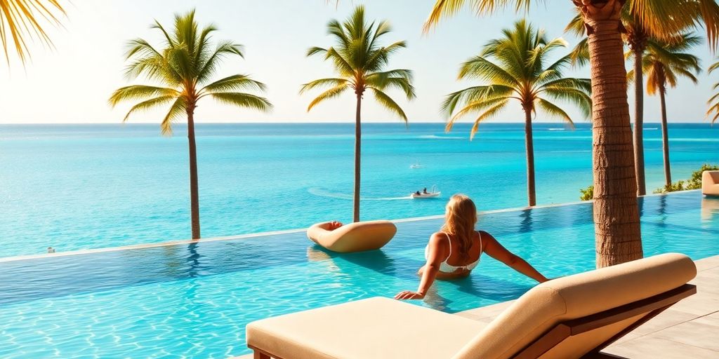 Couple by infinity pool overlooking turquoise ocean.