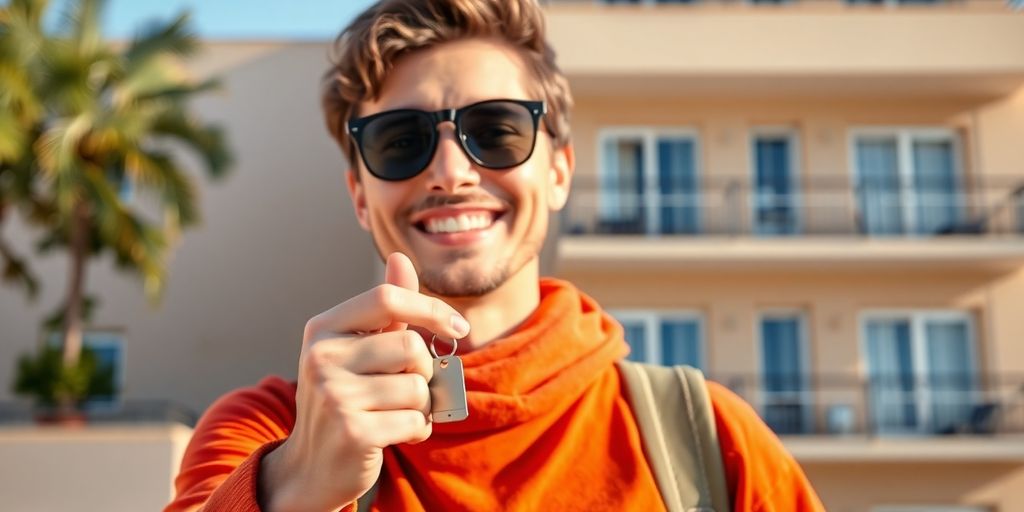 A smiling person holding car keys in front of a budget hotel.