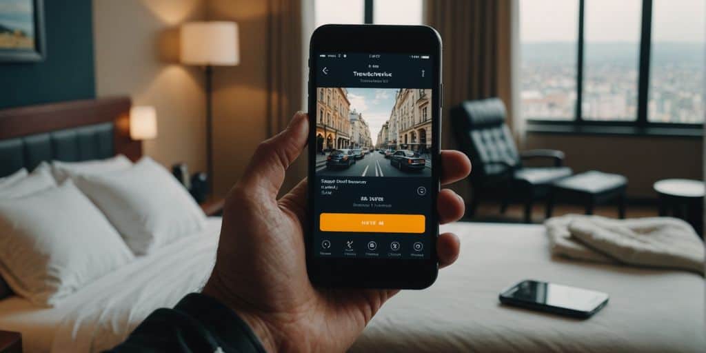 Person using a mobile app to book a hotel.